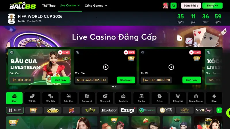 Ball88 - Nền Tảng Cá Cược Trực Tuyến Đẳng Cấp Châu Á 8 Sảnh live casino mang lại cảm giác chân thực thông qua hình ảnh phát trực tiếp từ studio hiện đại